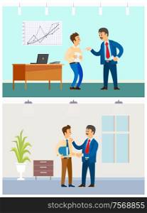 Boss and employee relationship, bad or good job. Executive and irresponsible workers, office interior, statistical graphics vector illustrations.. Boss and Employee Relationship, Bad or Good Job