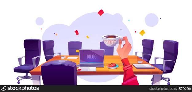 Boss at office workplace in morning view from first person, businessman with coffee cup sitting at table with laptop and armchairs around. Working place, work day beginning Cartoon vector illustration. Boss at office workplace in morning, coffee cup