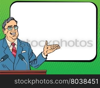 Boss business man speaking at podium, lecture or presentation pop art retro vector. Education and science