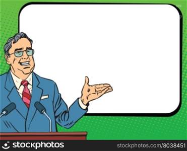 Boss business man speaking at podium, lecture or presentation pop art retro vector. Education and science