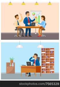 Boss businessman and employer on team meeting vector. Director talking on mobile phone with clients and partners, sitting in office chair of workplace. Boss Businessman and Employer on Team Meeting