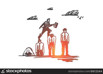 Boss, businessman, career, advantage concept. Hand drawn leader successfully jumping over all obstacles concept sketch. Isolated vector illustration.. Boss, businessman, career, advantage concept. Hand drawn isolated vector.