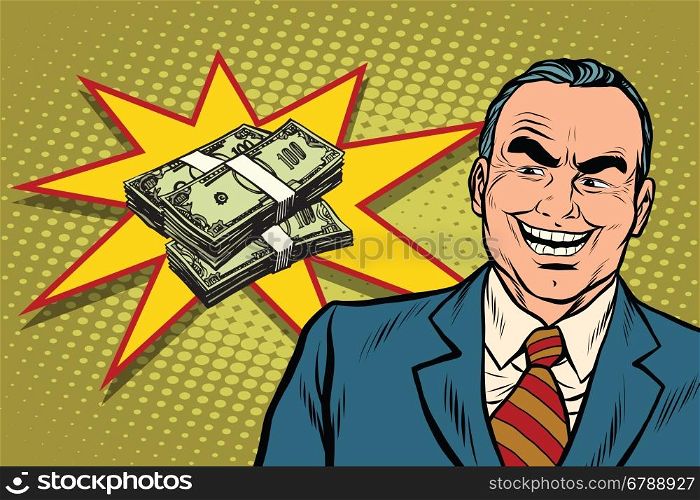 Boss businessman laughs, have a lot of money, pop art retro vector illustration
