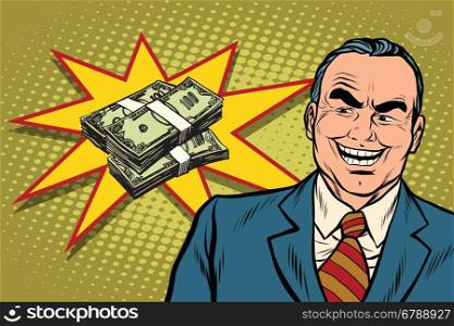 Boss businessman laughs, have a lot of money, pop art retro vector illustration