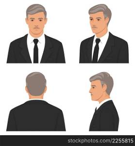 Boss, businessman, Older Man head. view from different angles. Face front, side, top, bottom, back. Animation and rotation vector template face portrait. Face in front view and side view, old man Front, side, back, view animated businessman character. Flat vector illustration.