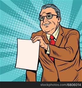 Boss businessman with a blank sheet of paper. Pop art retro vector illustration. Copy space. Boss businessman with a blank sheet of paper