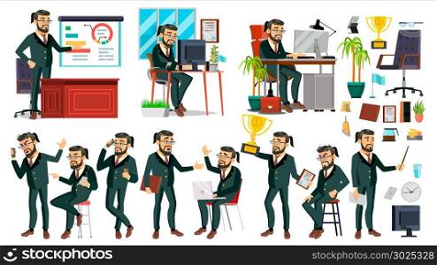 Boss CEO Character Vector. CEO, Managing Director, Representative Director. Poses, Emotions. Boss Meeting. Cartoon Business Illustration. Boss Character Vector. Bearded. Environment Process In Office. Various Action. Cartoon Business Illustration