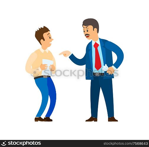 Boss chief executive angry with office worker, shouting at man vector, Reprimand of employer to employee, official rebuke to person with documentation. Boss Chief Executive Angry with Office Worker