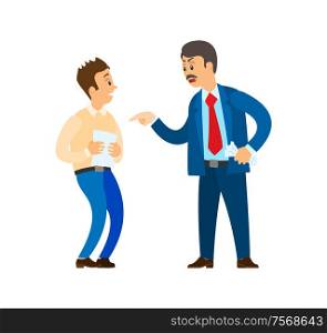 Boss chief executive angry with office worker, shouting at man vector, Reprimand of employer to employee, official rebuke to person with documentation. Boss Chief Executive Angry with Office Worker
