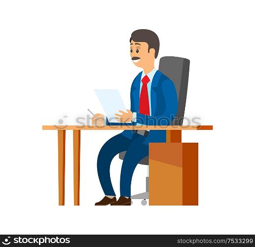 Boss chief executive holding papers in hands vector. Experienced worker with documentation and pages with information. Survey and docs of director. Boss Chief Executive with Pile of Papers in Hands