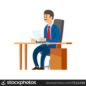 Boss chief executive holding papers in hands vector. Experienced worker with documentation and pages with information. Survey and docs of director. Boss Chief Executive with Pile of Papers in Hands