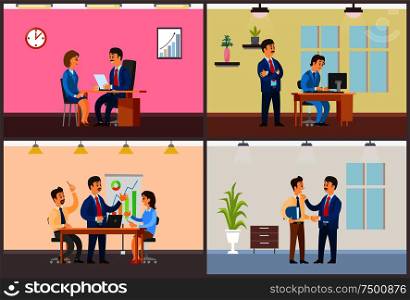 Boss chief executive taking interview of woman, reading cv vector. Conference meeting of team, teamwork working on brainstorming solution data analyze. Boss Chief Executive Taking Interview of Woman