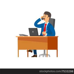 Boss, chief executive talking on mobile phone with partners discussing problems vector. Leader sitting in office chair, director at workplace employer. Boss, Chief Executive Talking on Mobile Phone