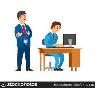 Boss company leader supervising new office worker vector. Director dissatisfied with novice working on personal computer. Unsure new employed person. Boss Company Leader Supervising New Office Worker