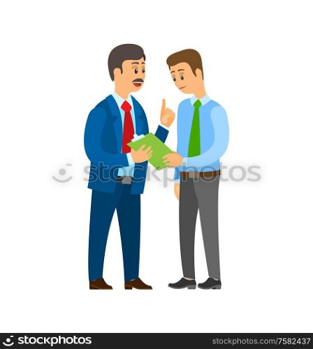 Boss company leader talking to office worker man wearing suit vector. People discussing business ideas and strategy planning. Clipboard with pages. Boss Company Leader Talking to Office Worker Man