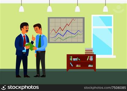 Boss company leader talking to office worker vector. People discussing business ideas and strategy planning. Clipboard with pages, interior design. Boss Company Leader Talking to Office Worker Man