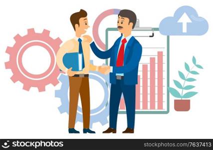 Boss congratulating employee with career promotion. Chief and manager shaking hands, agreement for cooperation. Clipboard with rising graph vector illustration. Boss Shaking Hands with Employee, Agreement Vector