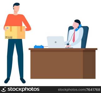 Boss director of company with workers vector, isolated office of chief. Employee and employer, cargo delivery, fulfilling orders shipping goods business. Boss and Deliverer with Cargo Delivery Service