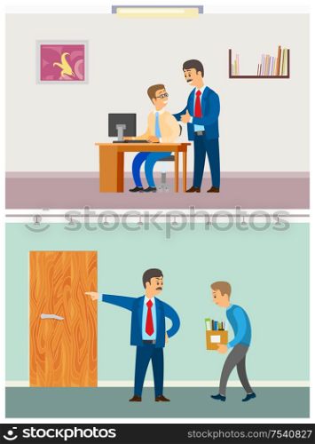 Boss discharging employee, unemployed fired man with director pointing to exit vector. Angry chief, sacked worker, supervisor advising praising novice. Boss Discharging Employee, Unemployed Fired Man