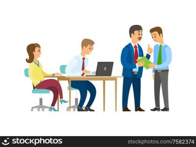 Boss discussing business idea with employee vector. Person typing info on laptop, businessman company owner communicating with team of office workers. Worker with Laptop, Chief Talking to Employee