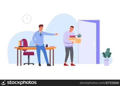 Boss dismissing employee. Dismissal worker, employer pointing door quit office fired businessman leave work place job unemployment layoff bad mistakes employees vector illustration of dismissal person. Boss dismissing employee. Dismissal worker, employer pointing door quit office fired businessman leave work place job unemployment layoff bad mistakes employees vector illustration