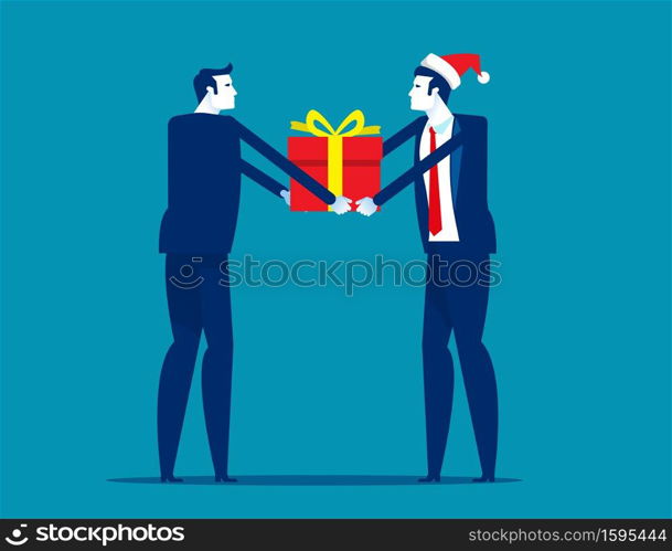 Boss giving gift box to employee. Corporate work Christmas and New Year congratulations concept. Flat cartoon vector illustration style