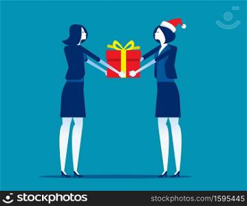 Boss giving gift box to employee. Corporate work Christmas and New Year congratulations concept. Flat cartoon vector illustration style