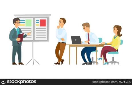 Boss giving presentation on whiteboard vector, business plan conference. Presenter with information, seminar and sitting listeners with laptops, meeting. Presenter and Whiteboard Workers Listening to Boss