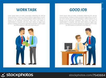 Boss giving work task, praise for good job. Company leader supervising new office worker vector. Director pleased with work of employee, encouraging for results. Boss Work Task Praise for Good Job, Company leader