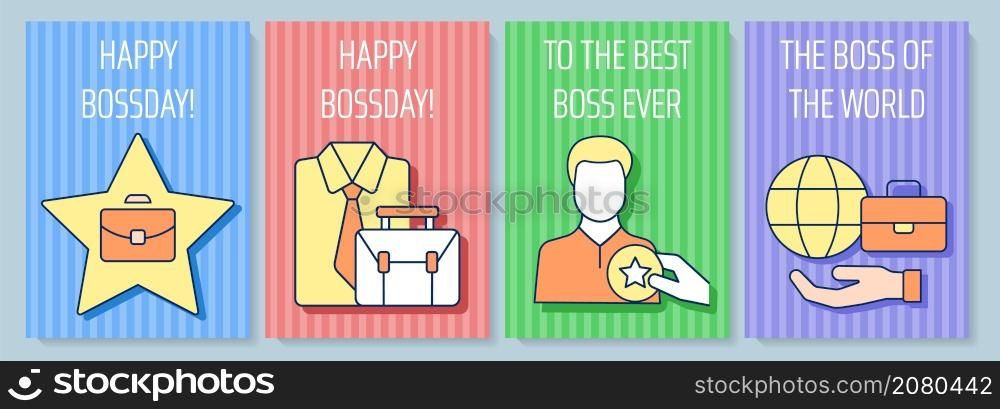 Boss greeting card with color icon element set. Congratulate director and ceo. Postcard vector design. Decorative flyer with creative illustration. Notecard with congratulatory message. Boss greeting card with color icon element set