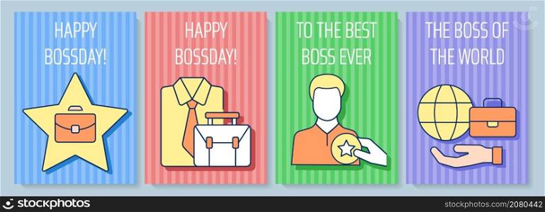 Boss greeting card with color icon element set. Congratulate director and ceo. Postcard vector design. Decorative flyer with creative illustration. Notecard with congratulatory message. Boss greeting card with color icon element set