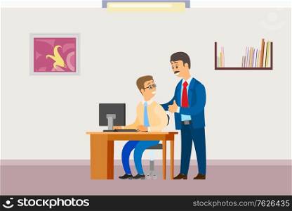 Boss in office, businessman supervisor with worker vector. Director praising programmer working on laptop, personal computer pc. Workplace interior. Flat cartoon. Boss in Office, Businessman Supervisor with Worker