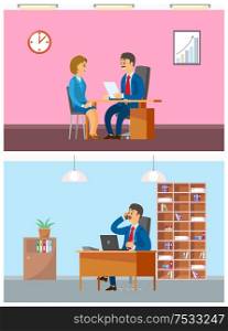 Boss in office interviewing new woman worker on job vector. Director talking on phone with client and partners, hiring employment of people with cv. Boss in Office Interviewing New Woman Worker Job