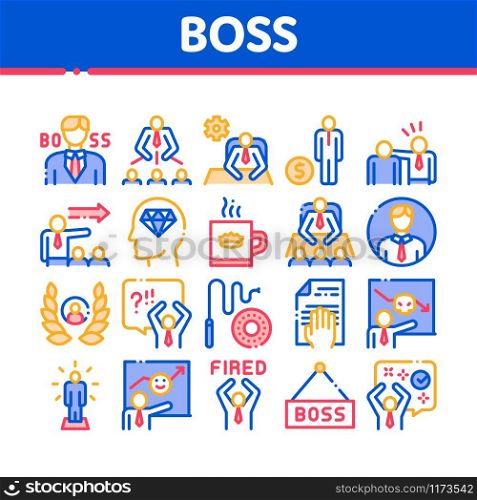 Boss Leader Company Collection Icons Set Vector Thin Line. Boss On Tablet And Cup With Crown, Meeting And Presentation, Fired And Document Concept Linear Pictograms. Color Contour Illustrations. Boss Leader Company Collection Icons Set Vector