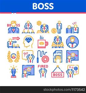 Boss Leader Company Collection Icons Set Vector Thin Line. Boss On Tablet And Cup With Crown, Meeting And Presentation, Fired And Document Concept Linear Pictograms. Color Contour Illustrations. Boss Leader Company Collection Icons Set Vector