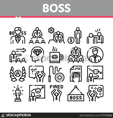 Boss Leader Company Collection Icons Set Vector Thin Line. Boss On Tablet And Cup With Crown, Meeting And Presentation, Fired And Document Concept Linear Pictograms. Monochrome Contour Illustrations. Boss Leader Company Collection Icons Set Vector