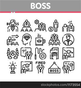 Boss Leader Company Collection Icons Set Vector Thin Line. Boss On Tablet And Cup With Crown, Meeting And Presentation, Fired And Document Concept Linear Pictograms. Monochrome Contour Illustrations. Boss Leader Company Collection Icons Set Vector