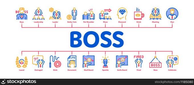 Boss Leader Company Minimal Infographic Web Banner Vector. Boss On Tablet And Cup With Crown, Meeting And Presentation, Fired And Document Concept Illustrations. Boss Leader Company Minimal Infographic Banner Vector