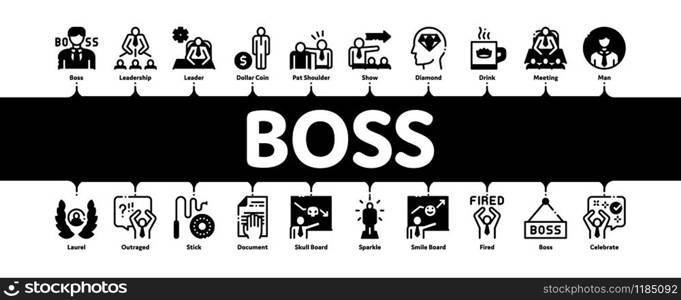 Boss Leader Company Minimal Infographic Web Banner Vector. Boss On Tablet And Cup With Crown, Meeting And Presentation, Fired And Document Concept Illustrations. Boss Leader Company Minimal Infographic Banner Vector