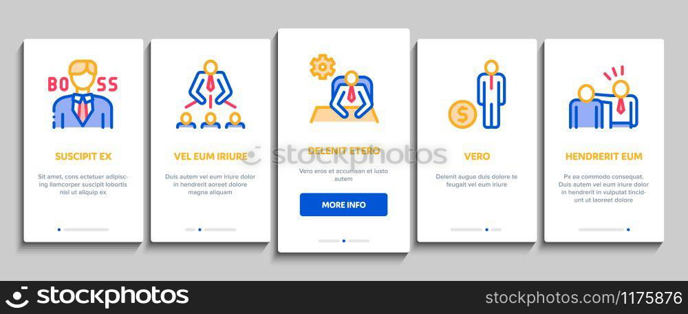 Boss Leader Company Onboarding Mobile App Page Screen Vector. Boss On Tablet And Cup With Crown, Meeting And Presentation, Fired And Document Concept Linear Pictograms. Color Contour Illustrations. Boss Leader Company Onboarding Elements Icons Set Vector