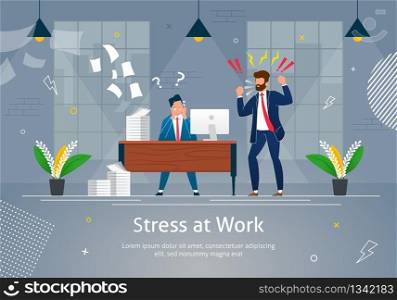 Boss Man Character Screaming on Worker Banner Vector Illustration. Stressed Cartoon Person in Desperation at Workplace. Angry and Annoyed Businessmen at Work in Office. Flying Documents.. Boss Man Character Screaming on Stressed Worker.