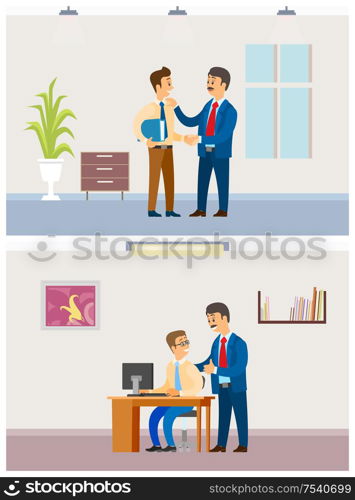 Boss of company, chief executive with employee vector. Specialist in business praising worker, good job of programmer sitting by laptop at workplace. Boss of Company, Chief Executive with Employee