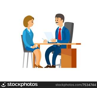 Boss of company, hiring new woman worker at office vector. Chef executive sitting in chair interviewing lady, director reading cv resume of candidate. Boss of Company, Hiring New Woman Worker at Office