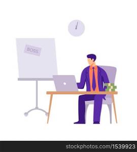 Boss of company in office. Male character in business purple suit sits laptop with bundles of money calculating financial profit for month preparing for issuance of vector salary to employees.. Boss of company in office. Male character in business purple suit sits laptop with bundles of money.