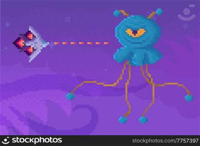 Boss of game next to combat aircraft. Space pixel game interface design layout. Cartoon character with long limbs vector illustration. Rocket or plane attacks and shoots evil one-eyed monster. Rocket or plane attack and shoot evil one-eyed monster. Boss of game next to combat aircraft