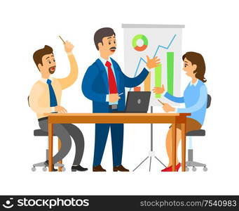 Boss on seminar brainstorming with workers team vector. Whiteboard with statistics and information in visual form, people ideas business solution. Boss on Seminar Brainstorming with Workers Team