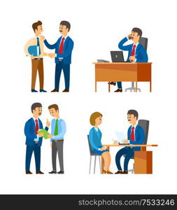 Boss praising office worker, director on interview vector. Recruitment of new personnel, hr management, director talking on phone and giving advice. Boss Praising Office Worker, Director on Interview