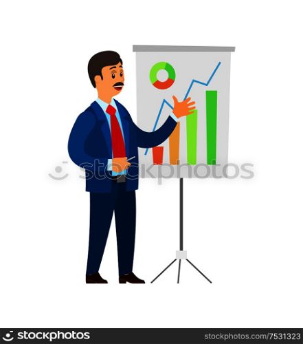 Boss presenting new company strategy and results on whiteboard vector. Chief executive giving information in graphics and charts, visual data analysis. Boss Presenting New Company Strategy and Results