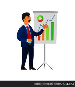 Boss presenting new company strategy and results on whiteboard vector. Chief executive giving information in graphics and charts, visual data analysis. Boss Presenting New Company Strategy and Results