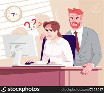 Boss pressure flat vector illustration. Colleague standing near employee table cartoon characters. Working tension. Frightened office manager working on computer, angry employer looking at screen
